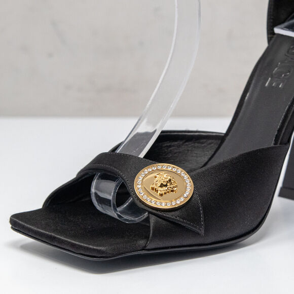 Versace Medusa Crystal Gold Medallion Black Satin Sandals, Size 37 EU (7 US) - Picture 8 of 11
